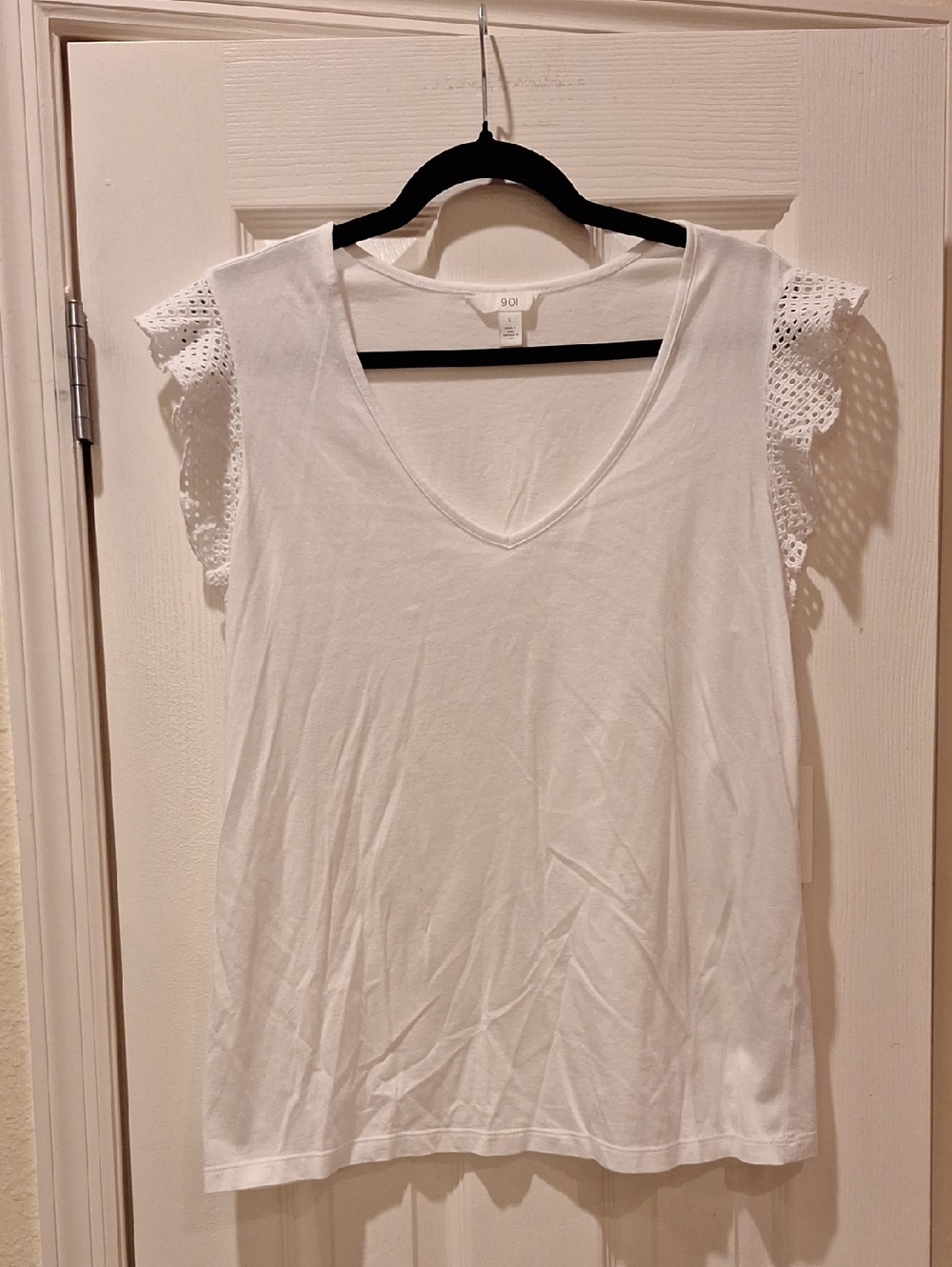 1901 - Women's White V-Neck Top with Eyelet Flutter Sleeve - Large